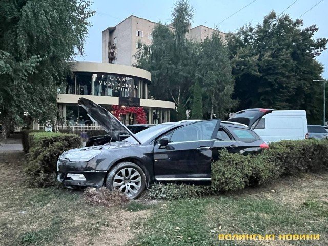 У Луцьку автомобіль вилетів на тротуар, врізався у кущі та загорівся. ФОТО