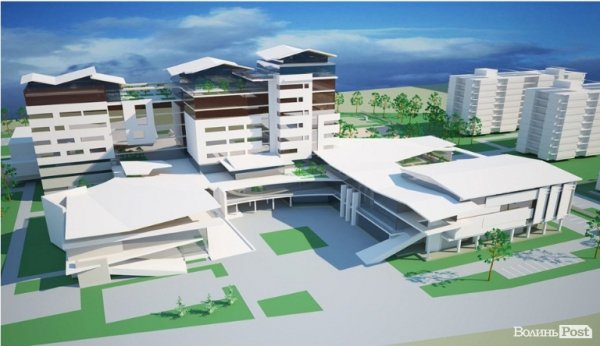 Загальний вигляд учбового корпусу з прибудованими приміщеннями громадського та спортивного комплексів