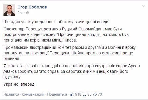 Терещука люстрували за розгін Євромайдану в Луцьку, - Єгор Соболєв