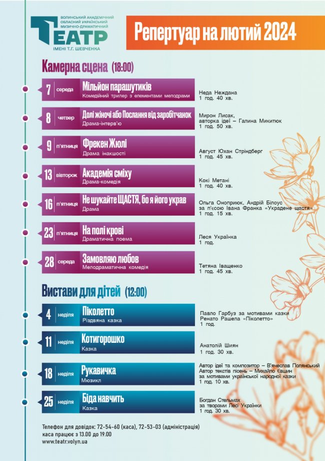 Які вистави та концерти відбудуться на сцені Волинського драмтеатру у лютому