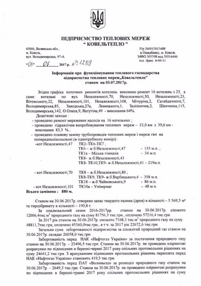 «Ковельтепло» боргує мільйони газовикам